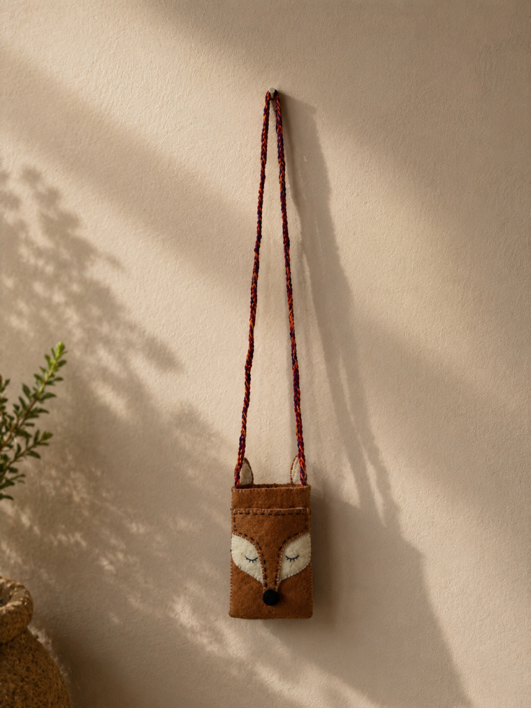 Brown Felt Fox Face Phone Bag | Yala Cotton